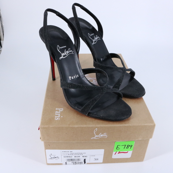 Christian Louboutin 38 Emilie 100mm Black Glitter Formal Slingback Heels E789 - Picture 2 of 13